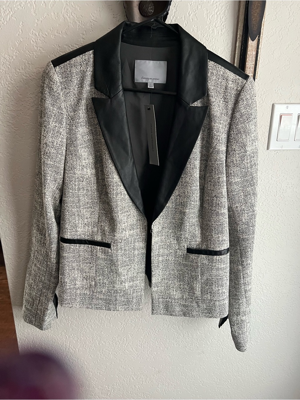 Classiques Entier Black and Gray Tweed Blazer with Leather Trim